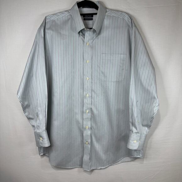 Nautica Premium Non-Iron Blue Striped Button Up 100% Cotton 16.5 32/33 - Picture 2 of 3